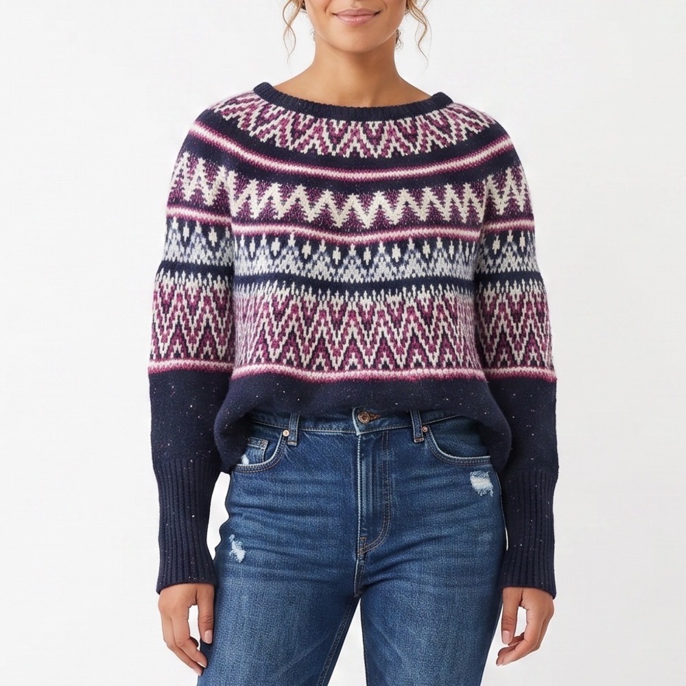 Sleeping on Snow Sweater Womens O/S Fair Isle Dolman Navy Pink Knit Excellent